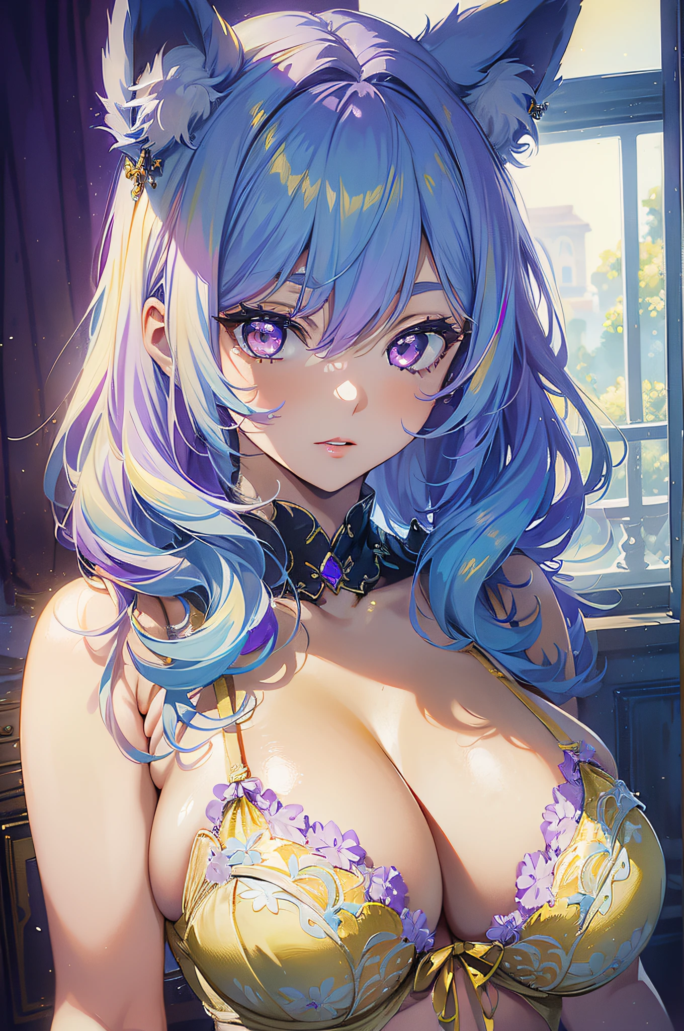 absurd, 8K, high resolution, ultra-detailed, beautiful, masterpiece, best quality, very pretty woman, young, very pretty woman, sexy, (light yellow lingerie:1.5), (bright purple eyes:1.5), (light blue hair:1.4), fox ears, sexy, detailed woman's face, very attractive, (very large breasts:1.3)