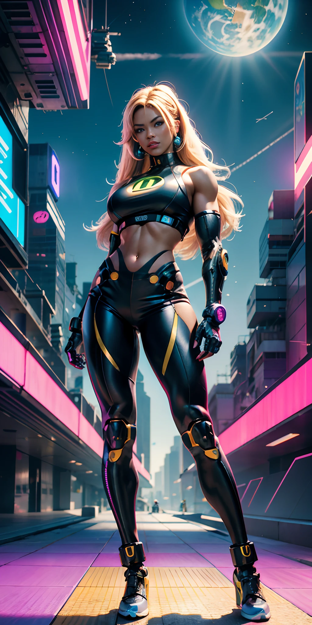 "Type of Image: Fan Art
Subject: Samus Aran, the intergalactic bounty hunter from the Metroid series, in a cyberpunk reimagining. Samus is depicted in her powered armor suit, which is enhanced with hyper-futuristic, cyberpunk elements such as neon highlights, detailed mechanical augmentations, and various technological gadgets. She stands on a skyscraper's ledge in a sprawling cityscape with monolithic megastructures, neon billboards, and a swarm of flying vehicles in the background.
Art Styles: Cyberpunk, Futuristic
Art Inspirations: Syd Mead, Josan Gonzalez."