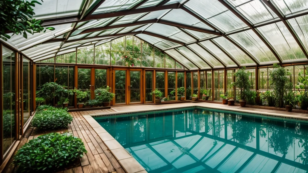 Greenhouse in the forest、florals、swimming pools、4k