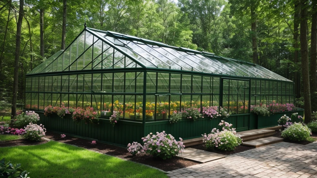 Greenhouse in the forest、florals、swimming pools、4k