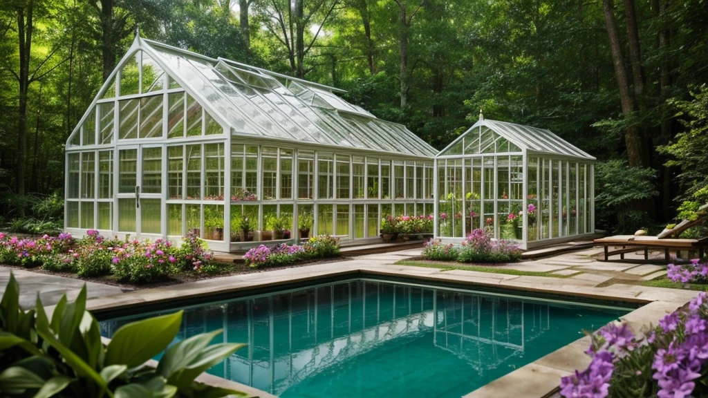 Greenhouse in the forest、florals、swimming pools、4k