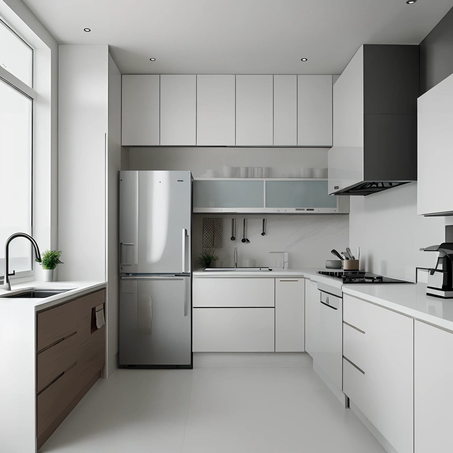 I want you to design this kitchen in the same size, make sure to design a box for the refrigerator, a minimalist and modern design.