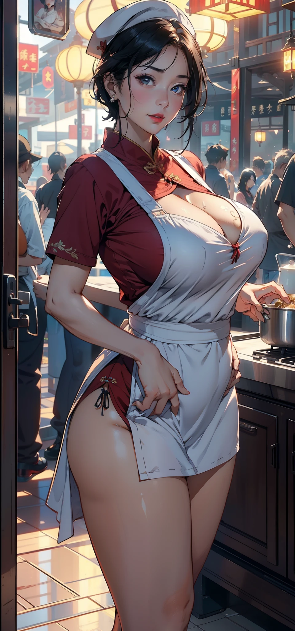 1female,45 yers old,A MILF,熟妇,mature,extremely large bosom,huge tit, A sagging breast,独奏,(Background with:Chinese restaurant,Cooking food) She has short black hair,bobo head,,seen from the front, Station,Cook, mostly cloudy sky,(((tmasterpiece),(Very detailed CG unity 8K wallpaper),best qualtiy,cinmatic lighting,detailed back ground,beatiful detailed eyes,Bright pupils,Black eyes,Snow-whiteskin,Redlip(Very fine and beautiful),(Beautiful and detailed eye description),ultra - detailed,tmasterpiece,))facing at camera,A high resolution,ultra - detailed),extremely large bosom,A sagging breast,revealing breasts,Bare genitalia, Bulge,legs are open,Raised sexy,Camel toes,Flushed complexion,Desire for dissatisfaction,frontage,(Wearing:,chef's hat,aprons,Red cheongsam)