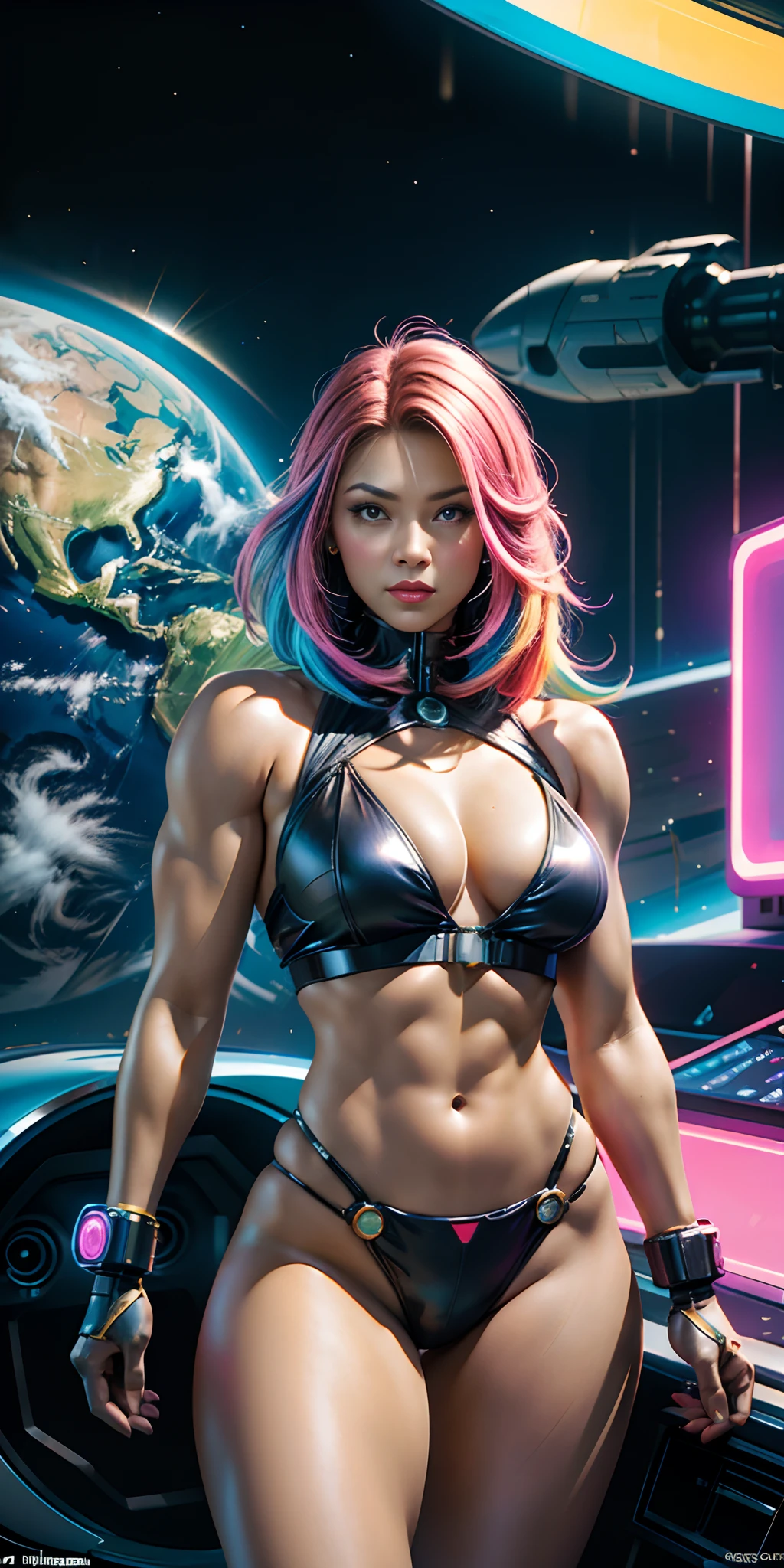 CHICA cyborg retrofuturista con un planeta hyperrealista con detalles y partes de ciborg ,colores de neon,big tits ,muscle ,ciborg retro,futurista