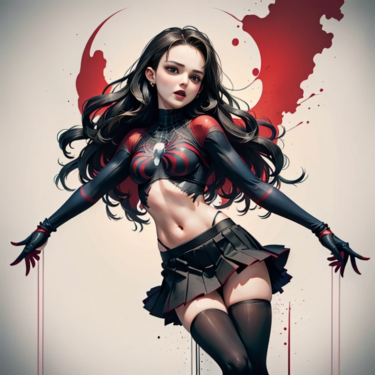 Natalie portman、Sticking out the navel、newyork、She wears a torn Spider-Man suit,wearing skirt、 Red and black color scheme,Dynamic、masterpiece、top-quality、ultra-detailliert、ighly detailed、beautiful detailed brilliance、超A high resolution