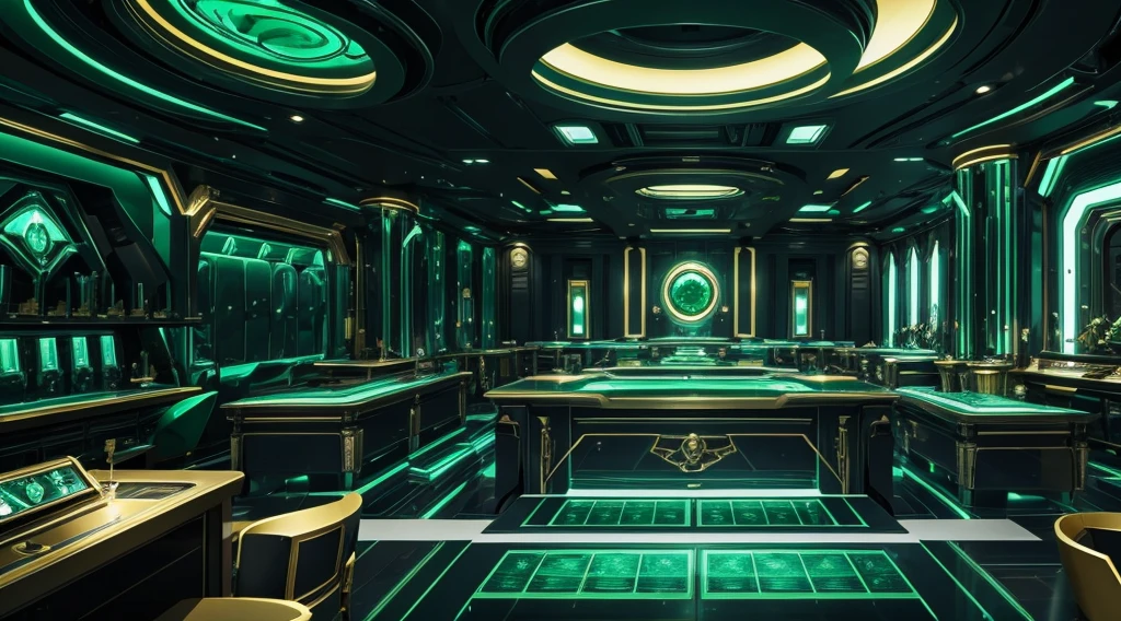 A epic legendary futuristic emerald laboratory with golden details