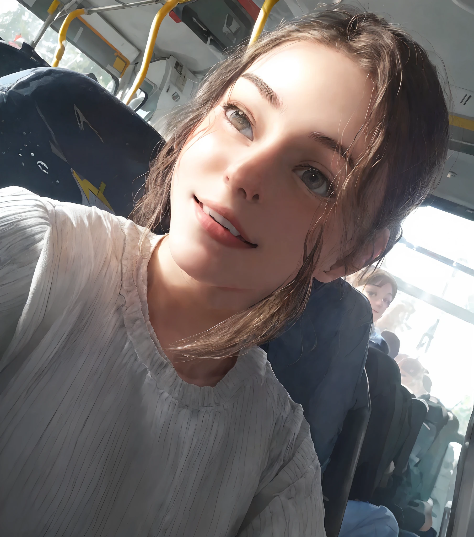 Woman sitting on a bus looking at camera, ligeiramente sorridente, muito ligeiramente sorridente, imagem de qualidade muito baixa, not smiling, Estrabismo, rosto suado, em torno de 1 9 anos, 18 anos, ela tem um rosto bonito, quase sorrindo, rosto perfeitamente iluminado, sem maquiagem, rosto levemente sujo, 1 6 anos, foto selfie