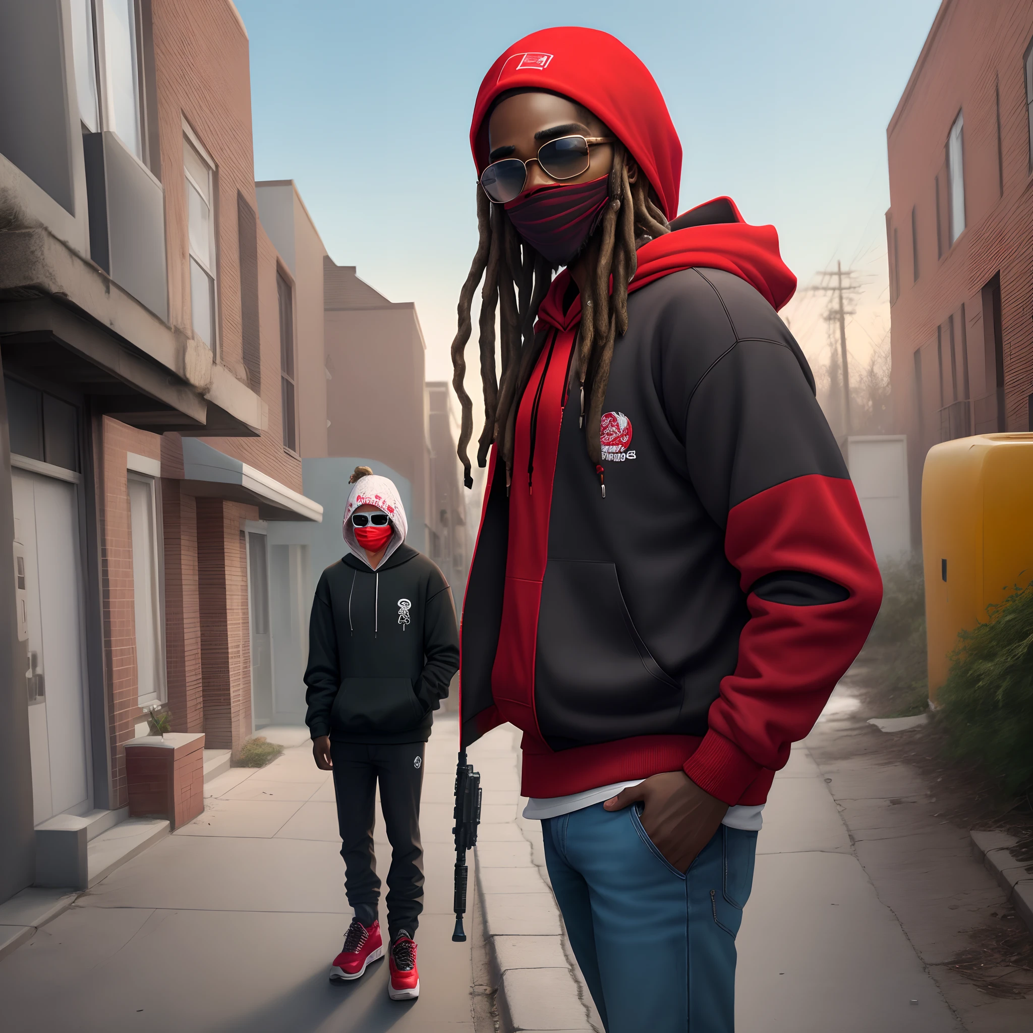 black dude with shades on and a red ski mask and a red bandana with platinum teeth and freeform dreads wearing a red hoodie with the hoodie on holding a ar in front of a broken down neighborhood hyper realistic