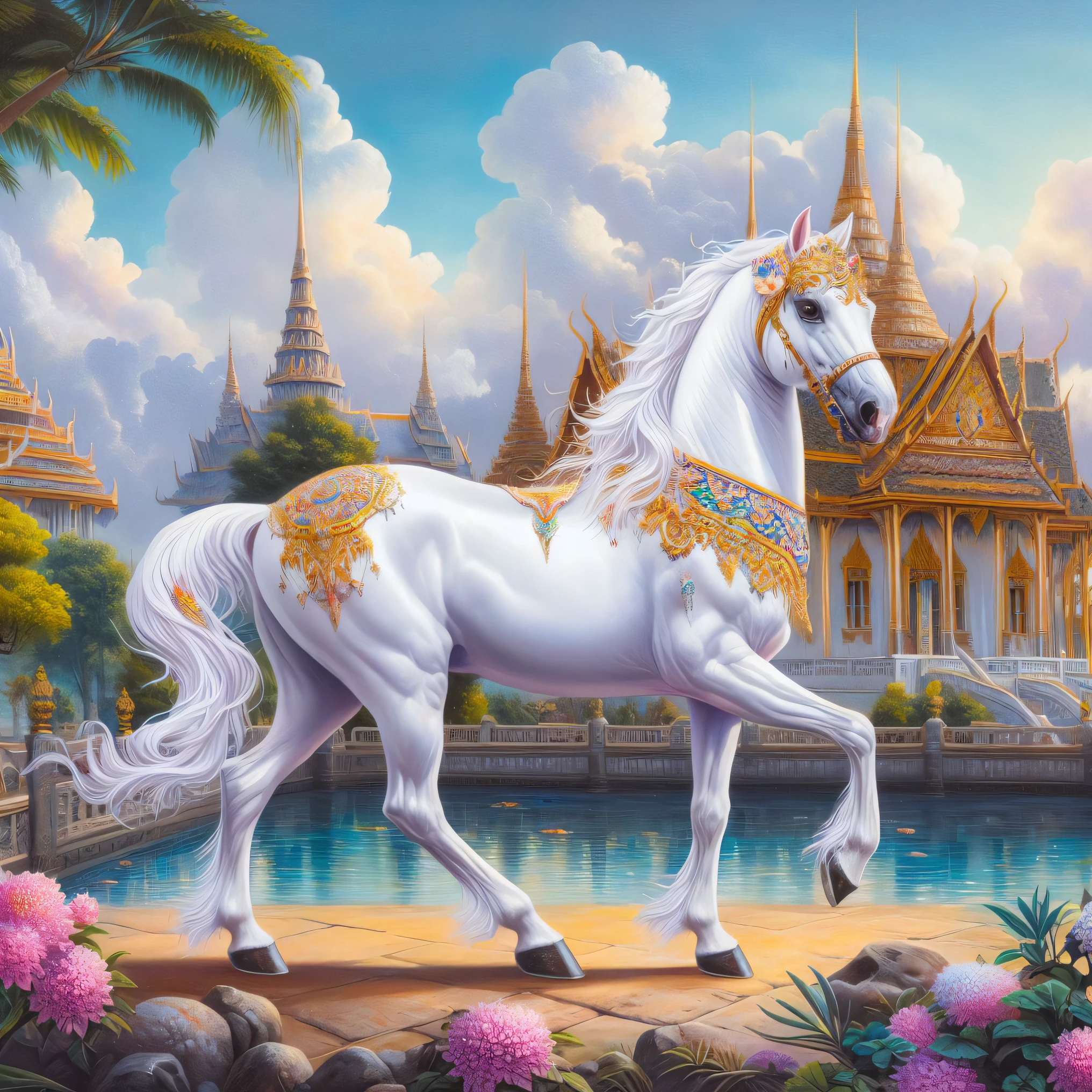 painting of a white horse with a golden mane and a golden crown, white unicorn, thailand art, by Kerembeyit, greg hildebrandt highly detailed, an all white horse, beautiful animal pearl queen, magic fantasy highly detailed, white horse, unicorn, a unicorn, fantasy highly detailed, a painting of white silver, beautiful detailed fantasy, ancient majestic