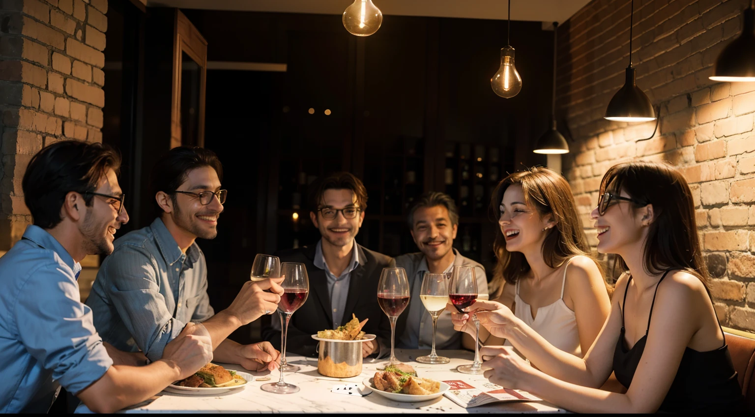 A group of italian friends smiling and toasting with glasses of wine, food and playing cards on the table of a brightly lit italian restaurant