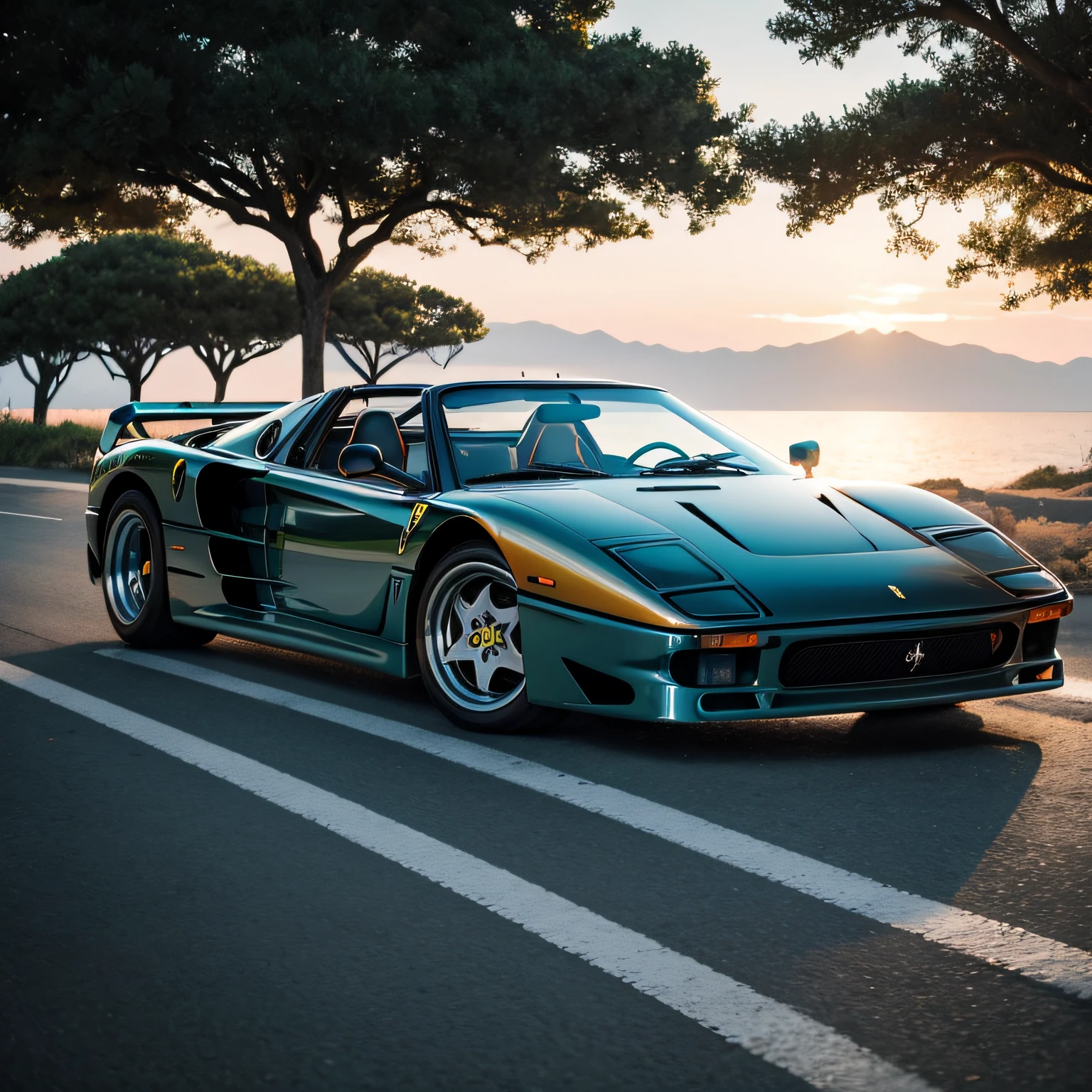 Full, centered photo of a Ferrari f40 convertible shiny polished metal color black, estilo cyberpunk, cercado de luz neon colorida, roda grossa, roda dourada, detalhes em dourado, Woman in sunglasses driving, neon na pintura do carro, pintura reflexiva que reflete tudo ao seu redor, farol detalhado, farol muito detalhado, as detailed as possible, hiper-realistic as realistic as possible, melhor qualidade, RAW, obra-prima, foto super fina, melhor qualidade, super high res, fotorrealista, luz solar, enquadrando o carro inteiro na foto, incrivelmente bonito,, dinamic pose