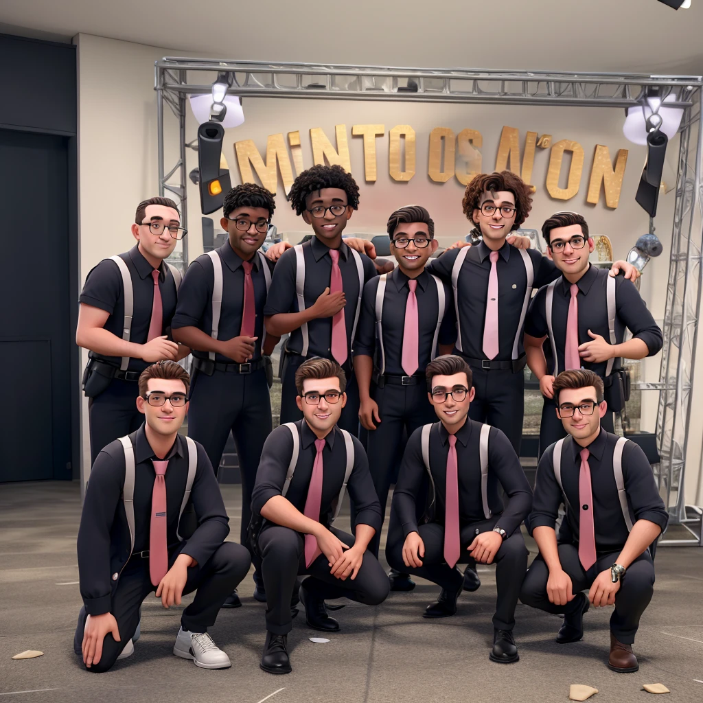 The image features a group of men standing together in front of a stage, all wearing black shirts and pink ties. They appear to be a part of a band or a group performing at an event. The men are posing for a picture, with some of them kneeling down and others standing. There are a total of eleven men in the group, with some of them wearing glasses. The men are positioned in various poses, with some standing closer to the front of the stage and others further back. The stage serves as the backdrop for the group photo, creating a sense of unity and camaraderie among the members.