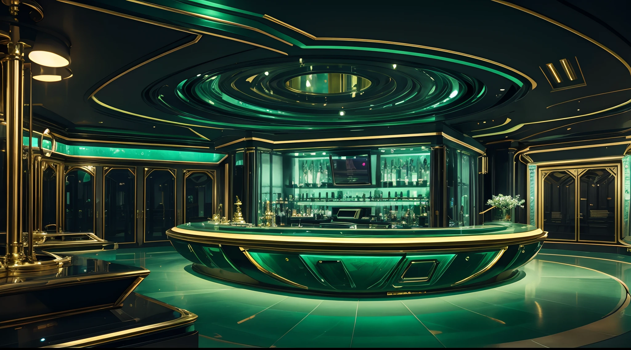 A epic legendary futuristic emerald laboratory with golden details