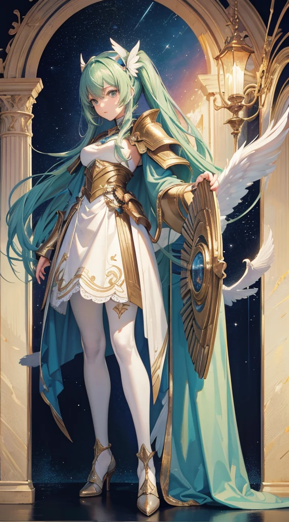 ((Masterpiece, Highest quality)), Detailed face, CharacterDesignSheet, full bodyesbian, Full of details,, Highly detailed, Depth, Many parts,Beautiful paladin girl,Holding a shield,Extremely beautiful,High Balance, Natural light, Lace,lacepantyhose,sparkling with stars,Light green hair,hentail realism, shadowing,character sheets, reference sheet, Standing painting, 8K, Super detail, 1080p, Women's HD,Slim,femele, 16k, A high resolution, Best quality, High quality, Anatomically correct, Masterpiece, ccurate, hyper HD,As graceful as a swan,unreal-engine, Ghibli-like colors, anime, Standing painting, angle of view,Full body photo