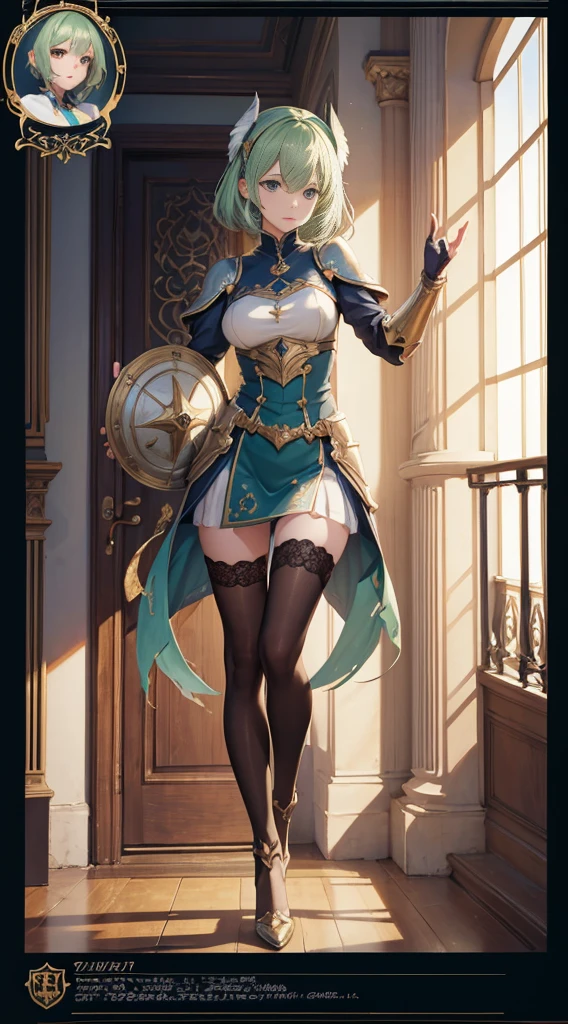 ((Masterpiece, Highest quality)), Detailed face, CharacterDesignSheet， full bodyesbian, Full of details,, Highly detailed, Depth, Many parts，Beautiful paladin girl，Holding a shield，Extremely beautiful，High Balance, Natural light, Lace，lacepantyhose，sparkling with stars，Light green hair,hentail realism, shadowing,character sheets, reference sheet, Standing painting, 8K, Super detail, 1080p, Women's HD，Slim，femele, 16k, A high resolution, Best quality, High quality, Anatomically correct, Masterpiece, ccurate, hyper HD，As graceful as a swan，unreal-engine， Ghibli-like colors, anime, Standing painting, angle of view,Full body photo