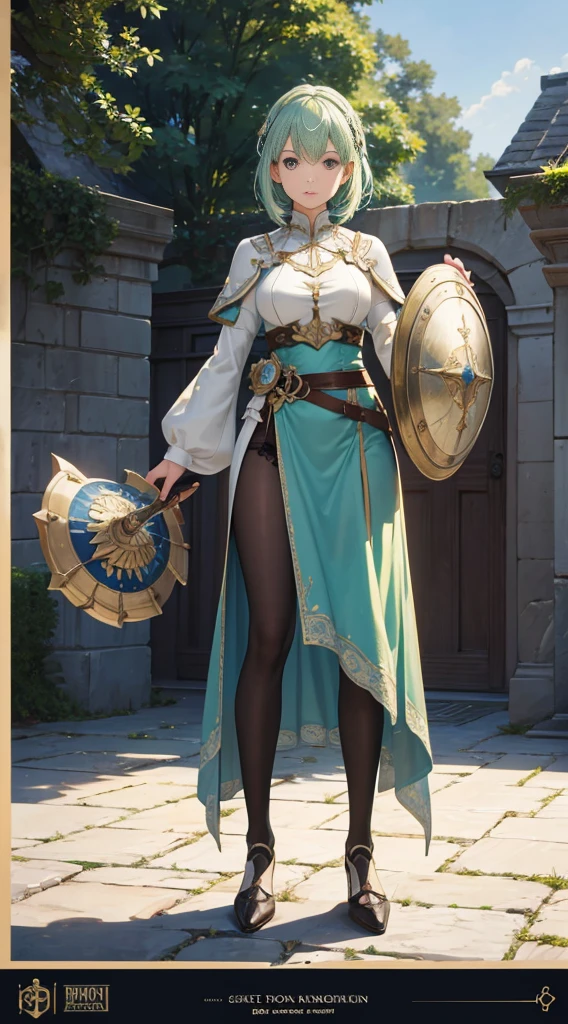 ((Masterpiece, Highest quality)), Detailed face, CharacterDesignSheet, full bodyesbian, Full of details,, Highly detailed, Depth, Many parts,Beautiful paladin girl,Holding a shield,Extremely beautiful,High Balance, Natural light, Lace,lacepantyhose,sparkling with stars,Light green hair,hentail realism, shadowing,character sheets, reference sheet, Standing painting, 8K, Super detail, 1080p, Women's HD,Slim,femele, 16k, A high resolution, Best quality, High quality, Anatomically correct, Masterpiece, ccurate, hyper HD,As graceful as a swan,unreal-engine, Ghibli-like colors, anime, Standing painting, angle of view,Full body photo