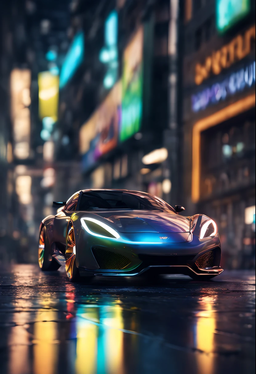 (best quality,highres), (realistic,photorealistic:1.37), (vivid colors), (bokeh), detailed wheels, sleek design, reflecting surroundings, glowing LED lights, aerodynamic shape, transparent body, cutting-edge technology, smooth ride, speed and elegance, urban environment, city lights, nighttime scene