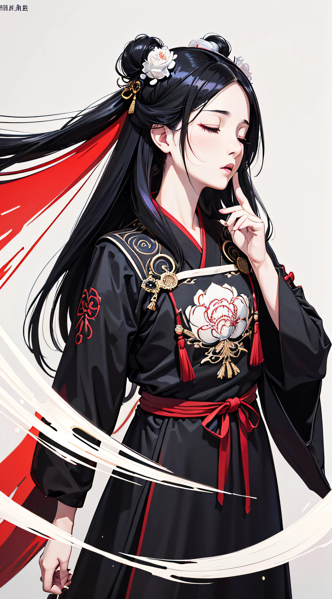 (Original), (masutepiece) , (Best Quality) ,(reality), Photorealistic, Octane Rendering, (Surreal) , Perfect features,1 girl, Colorful,translucent hair, (glowing inner hair),the perfect appearance,Black hair,Long hair,(Black clothes:1.2),Hanfu,Closed eyes,Red Lotus,(White background:1.3),(Flat color:1.2),deadpan