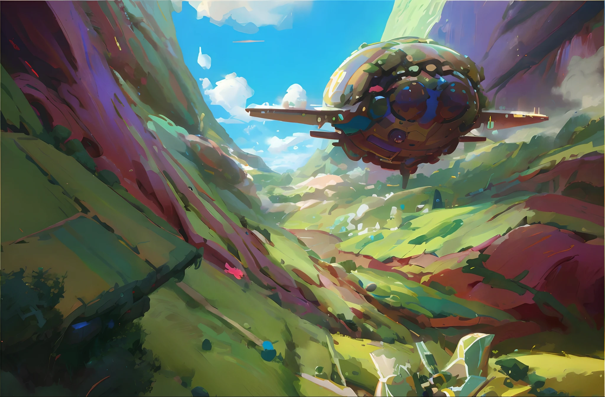 Painting of a spaceship flying over a lush green valley, paul lehr and beeple, colorful concept art, ross tran. scenery background, inspired by Craig Mullins, award winning concept art, illustration concept art, concept art by disney, concept art illustration, Anime fantasy artwork, High quality digital concept art, krenz cushart and artem demura