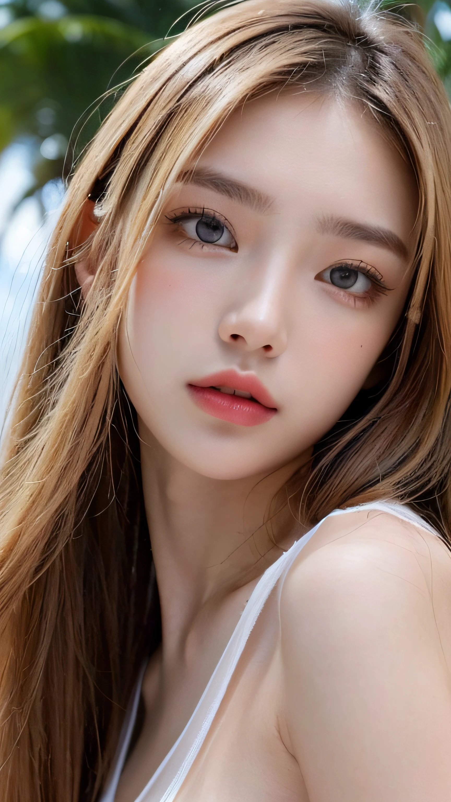 ((Best quality, 8k, Masterpiece :1.3)), Sharp focus :1.2, A pretty girl 22 years old with perfect figure :1.4, Slender abs :1.3, Raw photography、超A high resolution, full body, fair white skin、shiny white skin、(wavy blonde hair)、dark brown hair、super fine eyes, super fine hands, super fine fingers、Beautiful eyes with random colors、very thin lips, finely detail、elongated eyes、pale pink blush、long eyeslashes、Beautiful double eyelid、Lighting that emphasizes beautiful skin、Lustrous skin 2, ((Layered long hair, Big breasts :1.2)), show breasts , (detailed pantyhose ), (detailed transparent t-shirt), ((transparent)),  ((detailed breasts)), ((detailed   )), ((detailed face)), beach: 1.3, Hawaii, Highly detailed face and skin texture, Detailed eyes, Double eyelid, make full body, long legs,