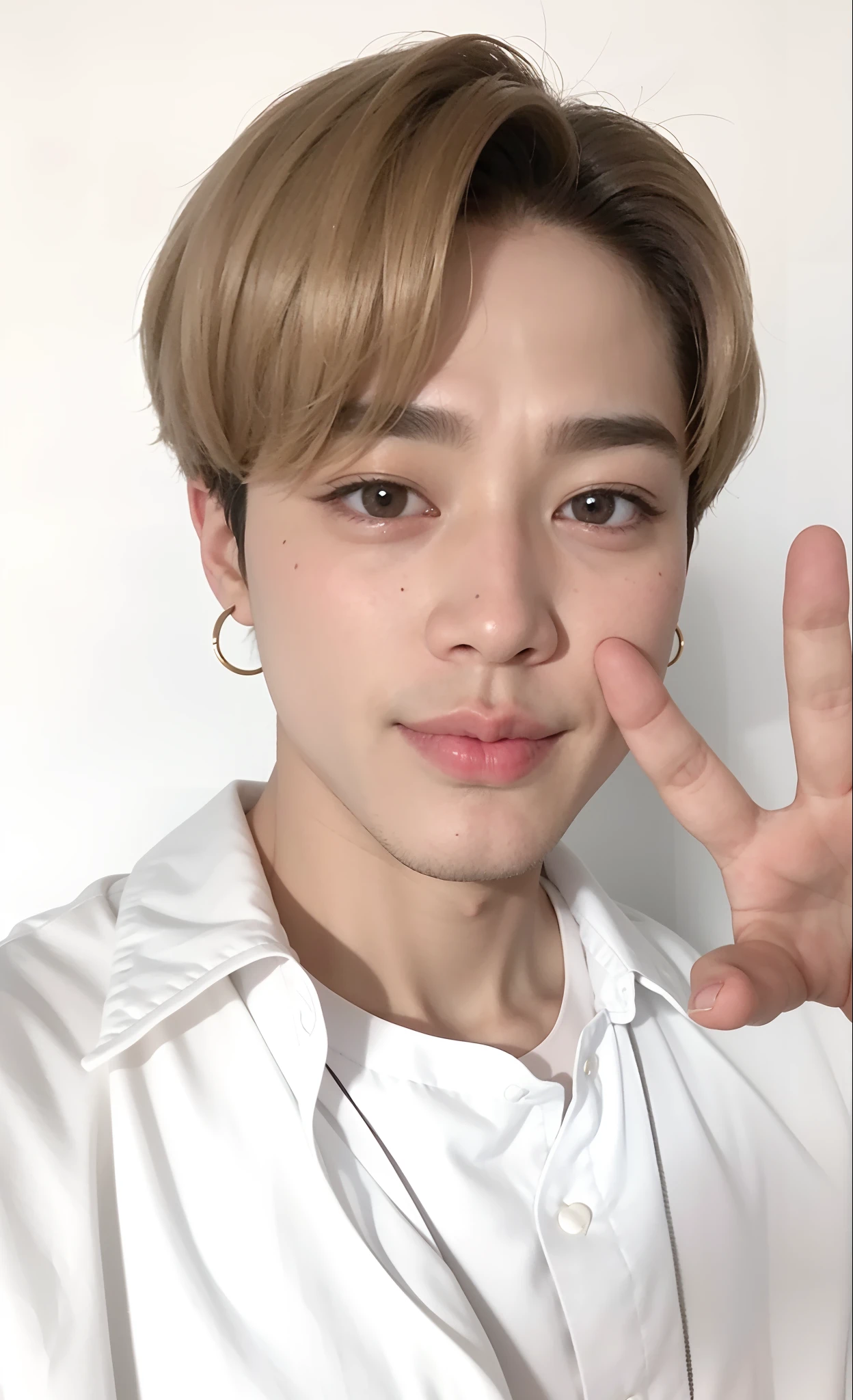 Image of a man making a peace sign with his hand, Jimin\Plump lips, Parque Jimin, Jimin\Nariz grego, Jimin\'s right eyelid swollen, Rosto Jimin preciso, Jimin, Hyung Tae, Jung Jaehyun, Kim Doyoung, jossi do blackpink, wan adorable korean face, Hong June Hyung, TaeJune Kim
