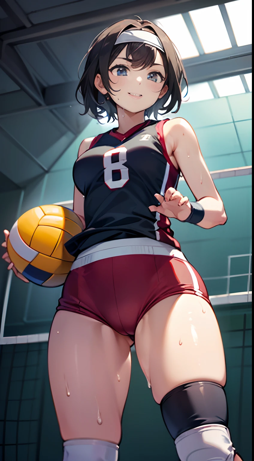 UHD, anatomically correct, 8k, (((masterpiece))), (((best quality))), (((ultra detailed))), (((high-resolution))), ((super fine illustration)), ((Ultimate cutie)), detailed beautiful face, solo, one girl, , (potbelly), (curvy), medium breasts, ((Thick thighs)), shiny hair, smile, (blush), BREAK, (((buruma))), (sleeveless volleyball uniform), headband, ((wrist bands)), ((kneepads)), BREAK, ((hold the Beautiful spherical shape 6-inch volleyball with both hands)), stylish pose, ((sweat)), (perspired), (heavy breathing), sense of depth, in gymnasium, lighting, looking at viewers,