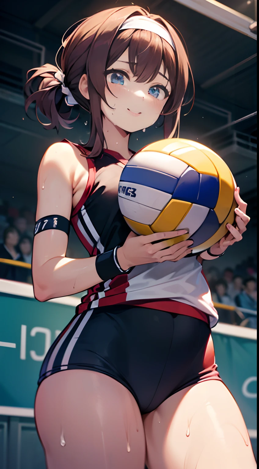 UHD, anatomically correct, 8k, (((masterpiece))), (((best quality))), (((ultra detailed))), (((high-resolution))), ((super fine illustration)), ((Ultimate cutie)), detailed beautiful face, solo, one girl, , (potbelly), (curvy), medium breasts, ((Thick thighs)), shiny hair, smile, (blush), BREAK, (((buruma))), (sleeveless volleyball uniform), headband, ((wrist bands)), ((kneepads)), BREAK, ((hold the Beautiful spherical shape 6-inch volleyball with both hands)), stylish pose, ((sweat)), (perspired), (heavy breathing), sense of depth, in gymnasium, lighting, looking at viewers,