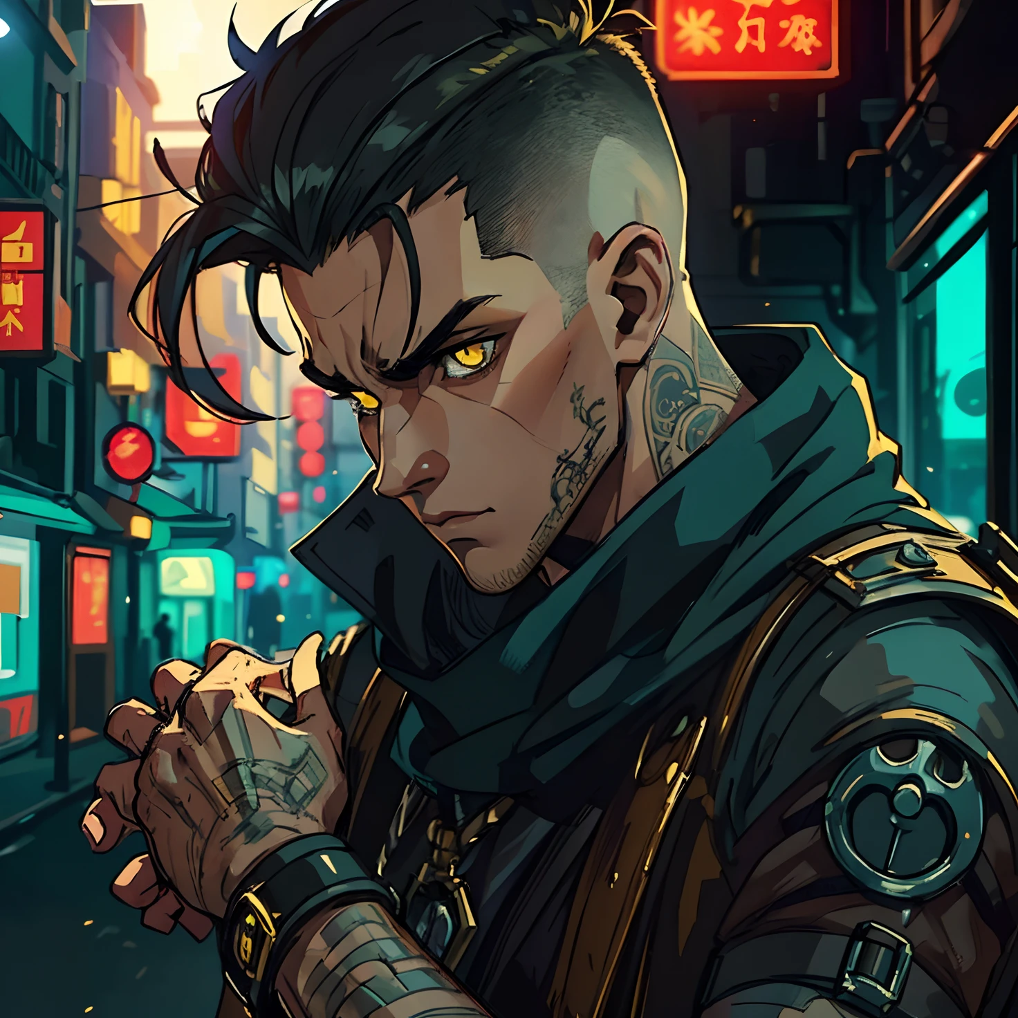 1 Handsome 26-year-old man shaved his hair on the side Exposed arms Steampunk Tattuagens Intense yellow eyes with a look of mystery An art for an RPG A non-human night background of the city ((Very detailed strokes)) ((melhor qualidade))