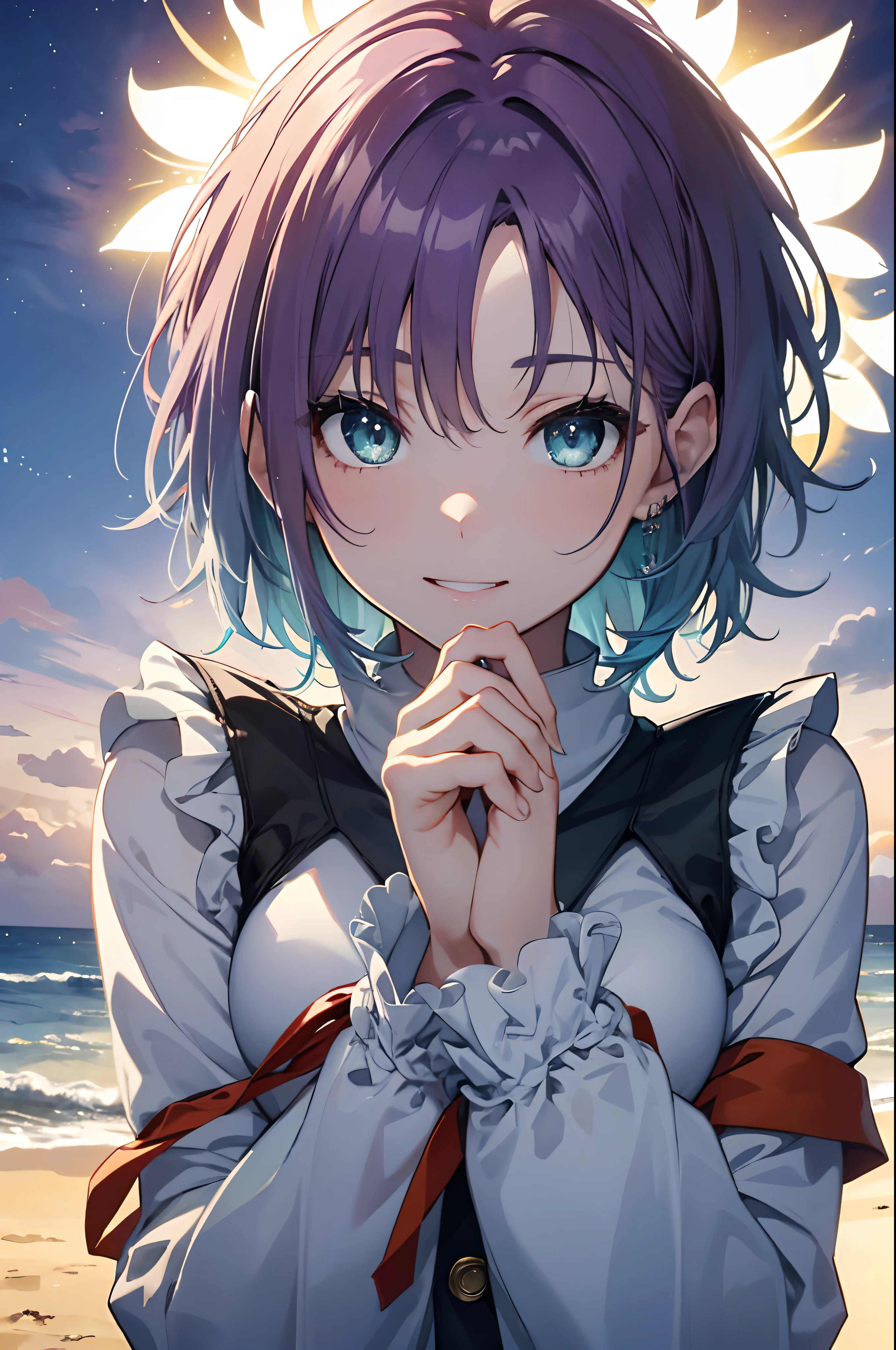1girl in、NFSW, Face, (((Toru Asakura:1.37, Solo))), (((Close-up of face))), (Beautiful face, Cute face, Detailed face), ((())), (((Detailed beautiful green eyes))), BREAK, (((Sunny))), (((in beach))), (((blue hairs、耳Nipple Ring、gradation hair、multi color hair、Parted bangs、Purple hair、short-cut、Pure white idol costume))), BREAK, extremely detailed CG unified 8k wallpaper, very fine 8KCG wallpaper, anime moe art style, Anime visuals of cute girls, anime style portrait, In an anime style, Beautiful anime, 8K Anime Art Style, In anime style、8K animation with detailed drawings, (​masterpiece, Best Quality), High resolution, Ultra-detailed, ultra-sharp, Cinematic lighting、The upper part of the body、Extreme close-up view、HDR、UHD、8K、Glowing eyes,　blue-sky、sparkling pupils,happy,　sparkling pupils,happy,reaching out ,forward hands,floating hair, shiny hair,outdoors, wind,sparkling pupils,happy,sexy body,(Perfect Anatomy:1.2),((Perfect hands:1.2)),shoot from side、top-quality、Full limbs、complete fingers、Live Stage、Singing、Dancing、A big smile
