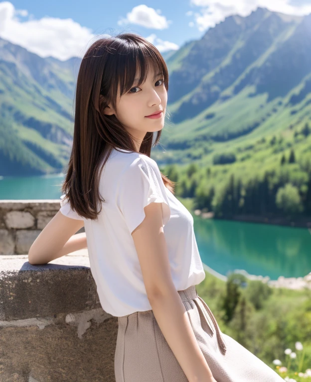 (Best Quality, High resolution, masutepiece: 1.3), Beautiful woman with slender figure, (dark brown layered hairstyle), wearing pendant, T-shirt and white skirt, Outdoors, Scenic beauty, Random background , lakes and mountains in distant background, Beautifully rendered face and skin texture details, Eye details, (Best Quality, High resolution, masutepiece: 1.3),