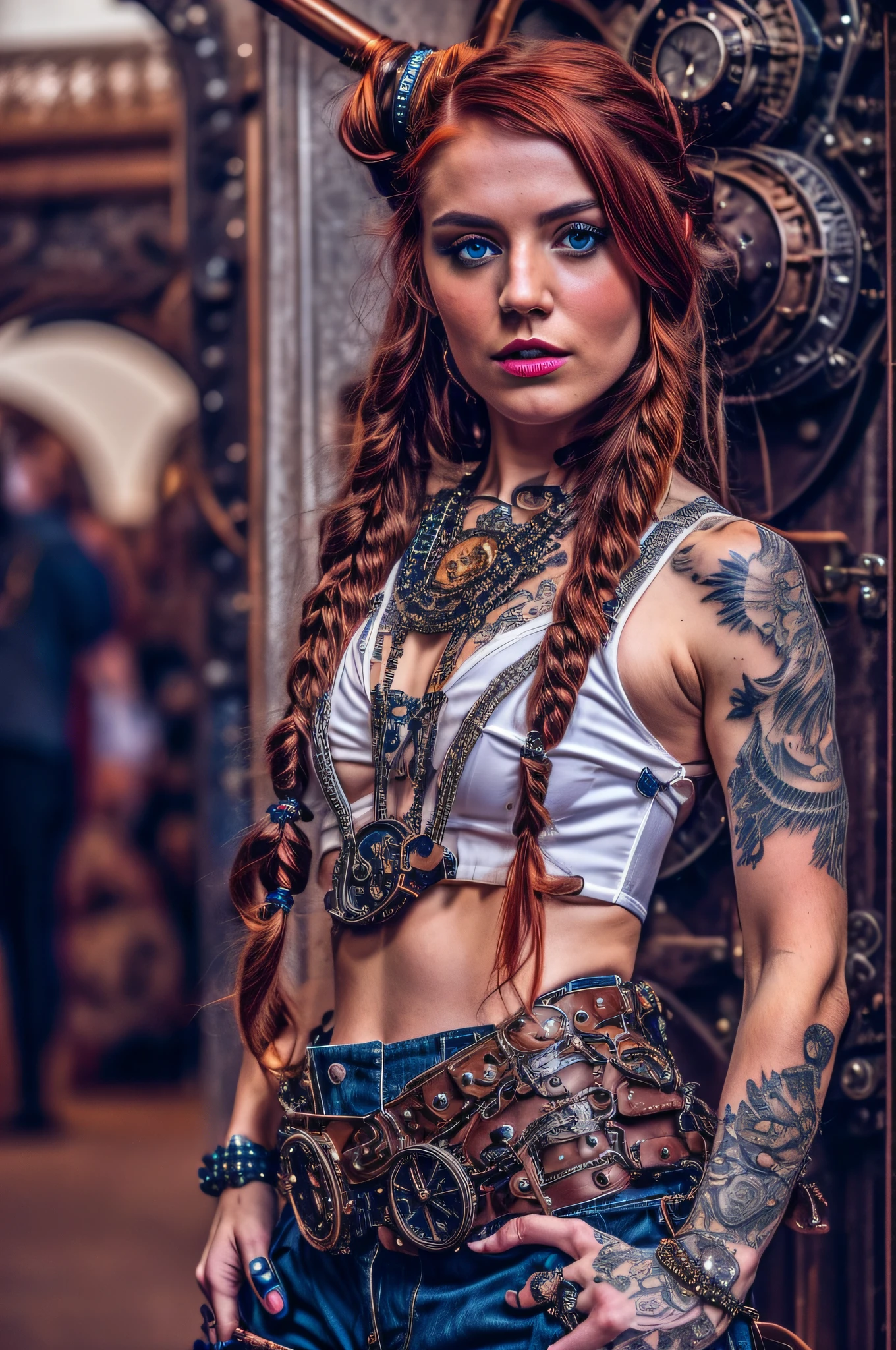 an steampunk girl at a party, (white crop top:1.2), small breast, black and blue leather, tattoo, hyper detailed, ultra sharp, long auburn hair in braids, 8k, (insanely detailed:1.5), full body photograph, 20 megapixel, canon eos r3, detailed skin, pale skin