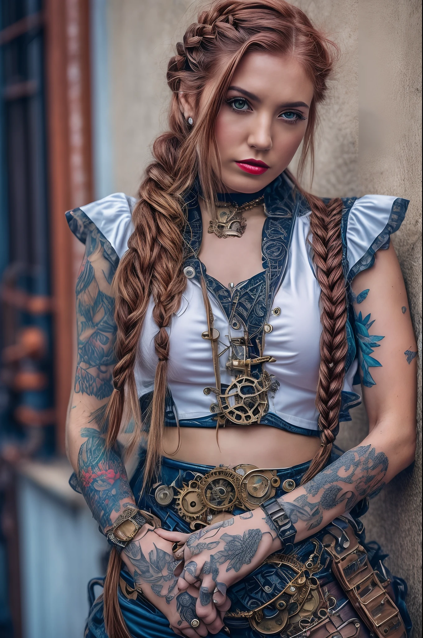 an steampunk girl at a party, (white crop top:1.2), small breast, black and blue leather, tattoo, hyper detailed, ultra sharp, long auburn hair in braids, 8k, (insanely detailed:1.5), full body photograph, 20 megapixel, canon eos r3, detailed skin, pale skin
