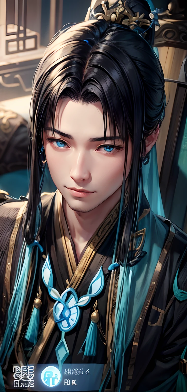 Photorealistic rendering，Ancient Chinese boys，Light blue period costume，black color hair