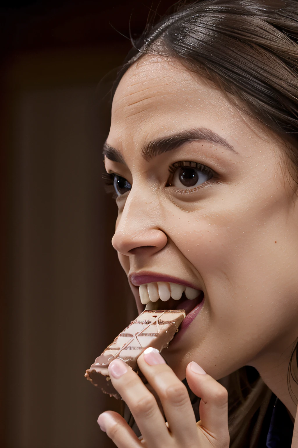 close up photo alexandria ocasio-cortez eating a chocolate bar, biting a chocolate bar