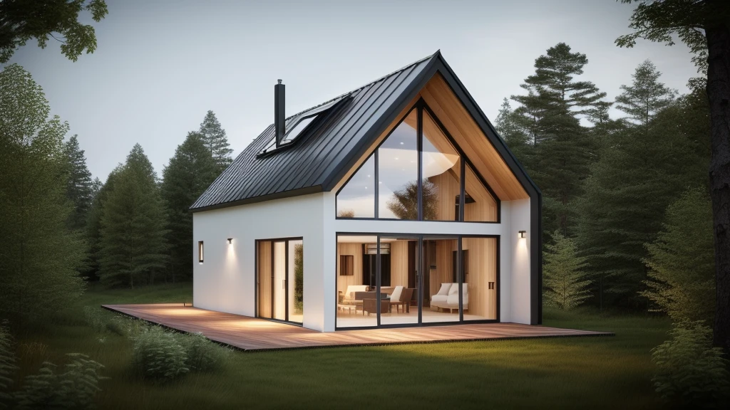 arafed house with a black roof and a white exterior, minimalistic house in the wood, modern house in the wood, luxcore render, one house, high quality rendering, precise architectural rendering, small scandinavian!!! houses, simple gable roofs, in style of ultra realistic, sleek utopian design, award-winning render, concept house, house in forest