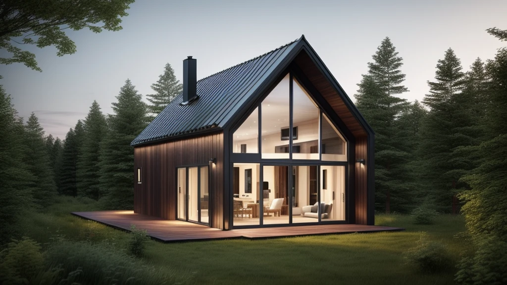 arafed house with a black roof and a white exterior, minimalistic house in the wood, modern house in the wood, luxcore render, one house, high quality rendering, precise architectural rendering, small scandinavian!!! houses, simple gable roofs, in style of ultra realistic, sleek utopian design, award-winning render, concept house, house in forest