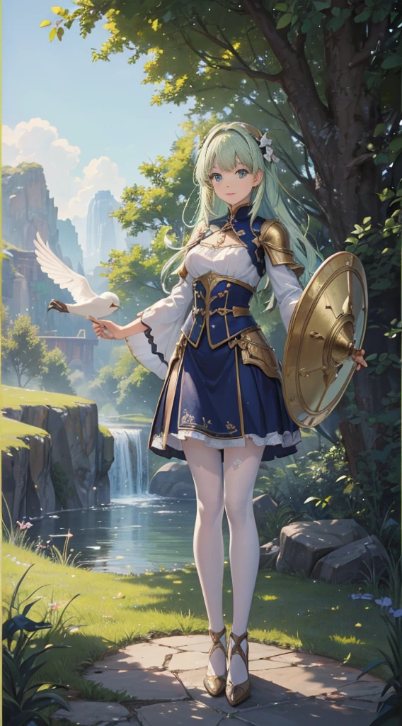 ((Masterpiece, Highest quality)), Detailed face, CharacterDesignSheet, full bodyesbian, Full of details,, Highly detailed, Depth, Many parts,Beautiful paladin girl,Holding a shield,Extremely beautiful,High Balance, Natural light, Lace,lacepantyhose,sparkling with stars,Light green hair,hentail realism, shadowing,character sheets, reference sheet, Standing painting, 8K, Super detail, 1080p, Women's HD,Slim,femele, 16k, A high resolution, Best quality, High quality, Anatomically correct, Masterpiece, ccurate, hyper HD,As graceful as a swan,unreal-engine, Ghibli-like colors, anime, Standing painting, angle of view,Full body photo,Silver Moon,ln the forest,Look up