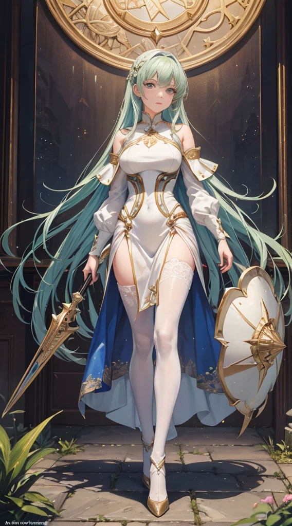 ((Masterpiece, Highest quality)), Detailed face, CharacterDesignSheet, full bodyesbian, Full of details,, Highly detailed, Depth, Many parts,Beautiful paladin girl,Holding a shield,Extremely beautiful,High Balance, Natural light, Lace,lacepantyhose,sparkling with stars,Light green hair,hentail realism, shadowing,character sheets, reference sheet, Standing painting, 8K, Super detail, 1080p, Women's HD,Slim,femele, 16k, A high resolution, Best quality, High quality, Anatomically correct, Masterpiece, ccurate, hyper HD,As graceful as a swan,unreal-engine, Ghibli-like colors, anime, Standing painting, angle of view,Full body photo,Silver Moon,ln the forest,Look up