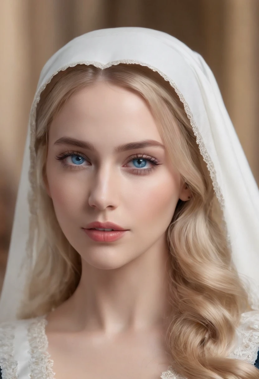 ((NSFW)), fully body photo,(best quality,4k,8k,highres,masterpiece:1.2),ultra-detailed,realistic,beautiful detailed blue eyes,beautiful detailed lips,extremely detailed face,long hair,1girl,beautiful blonde girl,attractive,church, detailed eyes,curvy, big tits,bimbo, ((sexy nun clothing, slutty)),(showing cleavage)