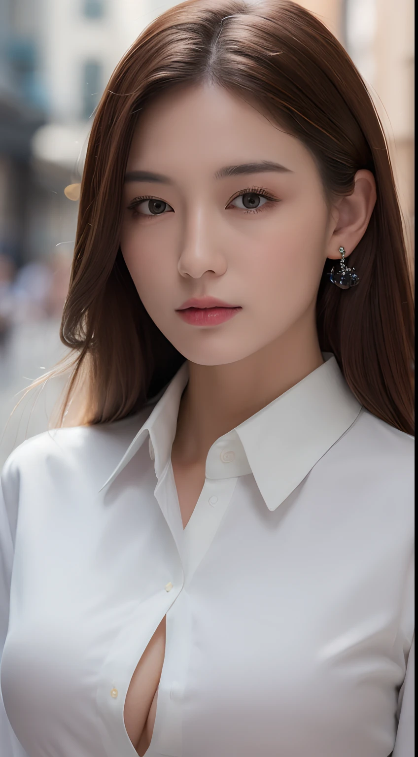 ((Best quality, 8k, Masterpiece :1.3)), Sharp focus :1.2, A pretty woman with perfect figure :1.4, Slender abs :1.2, ((Dark brown hair, Big breasts :1.2)), (White button up long shirt :1.1), City street:1.2, Highly detailed face and skin texture, Detailed eyes, Double eyelid