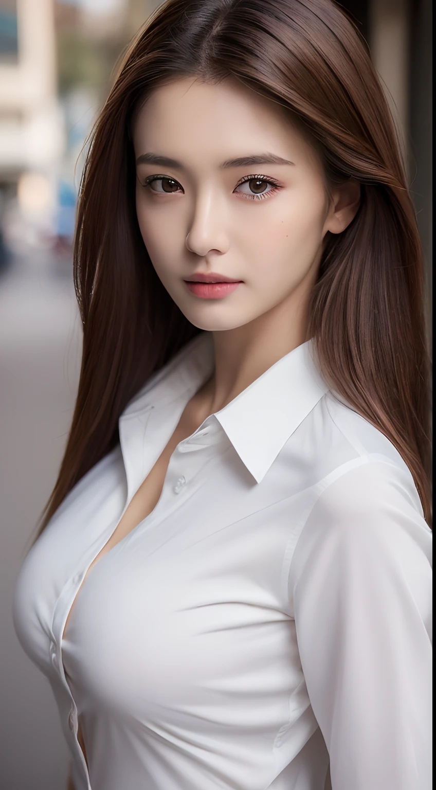 ((Best quality, 8k, Masterpiece :1.3)), Sharp focus :1.2, A pretty woman with perfect figure :1.4, Slender abs :1.2, ((Dark brown hair, Big breasts :1.2)), (White button up long shirt :1.1), City street:1.2, Highly detailed face and skin texture, Detailed eyes, Double eyelid
