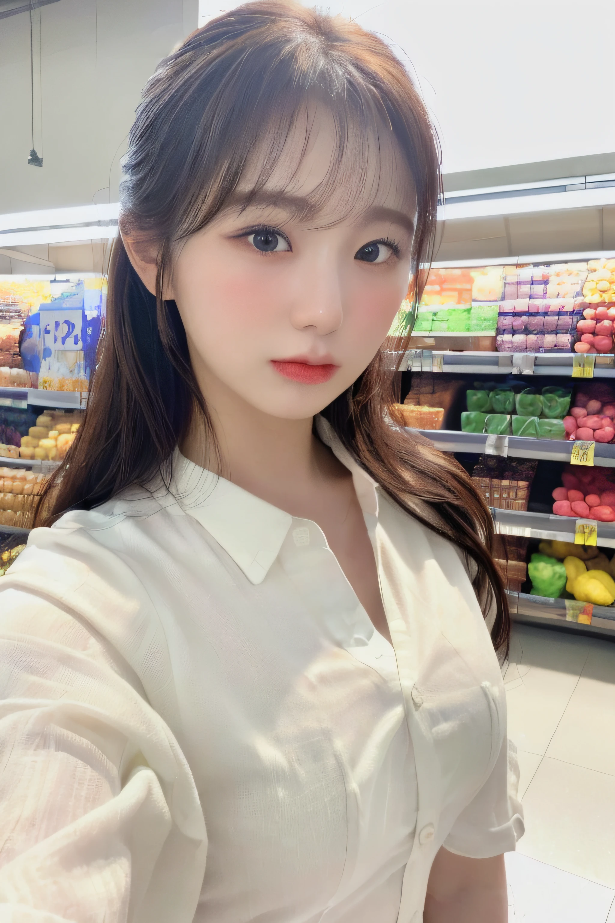 1girl, (at supermarket:1.2), ((white shirt:1.2)), RAW photo, (photorealistic:1.37, realistic), highly detailed CG unified 8K wallpapers, looking at viewer, (((straight from front))), (HQ skin:1.8, shiny skin), 8k uhd, dslr, soft lighting, high quality, film grain, Fujifilm XT3, ((upper body:1.6)), (professional lighting:1.6)