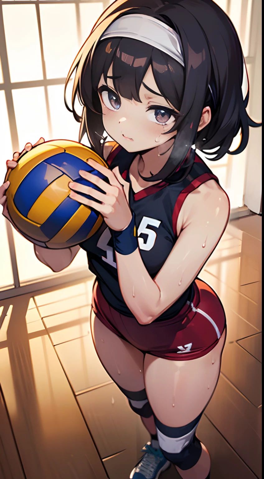 unity 8k wallpaper, anatomically correct, (((masterpiece))), (((best quality))), (((ultra detailed))), (((high-resolution))), ((super fine illustration)), ((Ultimate cutie)), detailed beautiful face, solo, one girl, , (potbelly), (curvy), medium breasts, ((Thick thighs)), shiny hair, ((evil smile)), smirk, (blush), BREAK, (((buruma))), (sleeveless volleyball uniform), ((wrist bands)), ((kneepads)), BREAK, ((hold the Beautiful spherical shape 6-inch volleyball with both hands)), stylish pose, ((sweat)), (perspired), (heavy breathing), sense of depth, in volleyball court, in gymnasium, lighting, from below, looking at viewers, cowboy shot