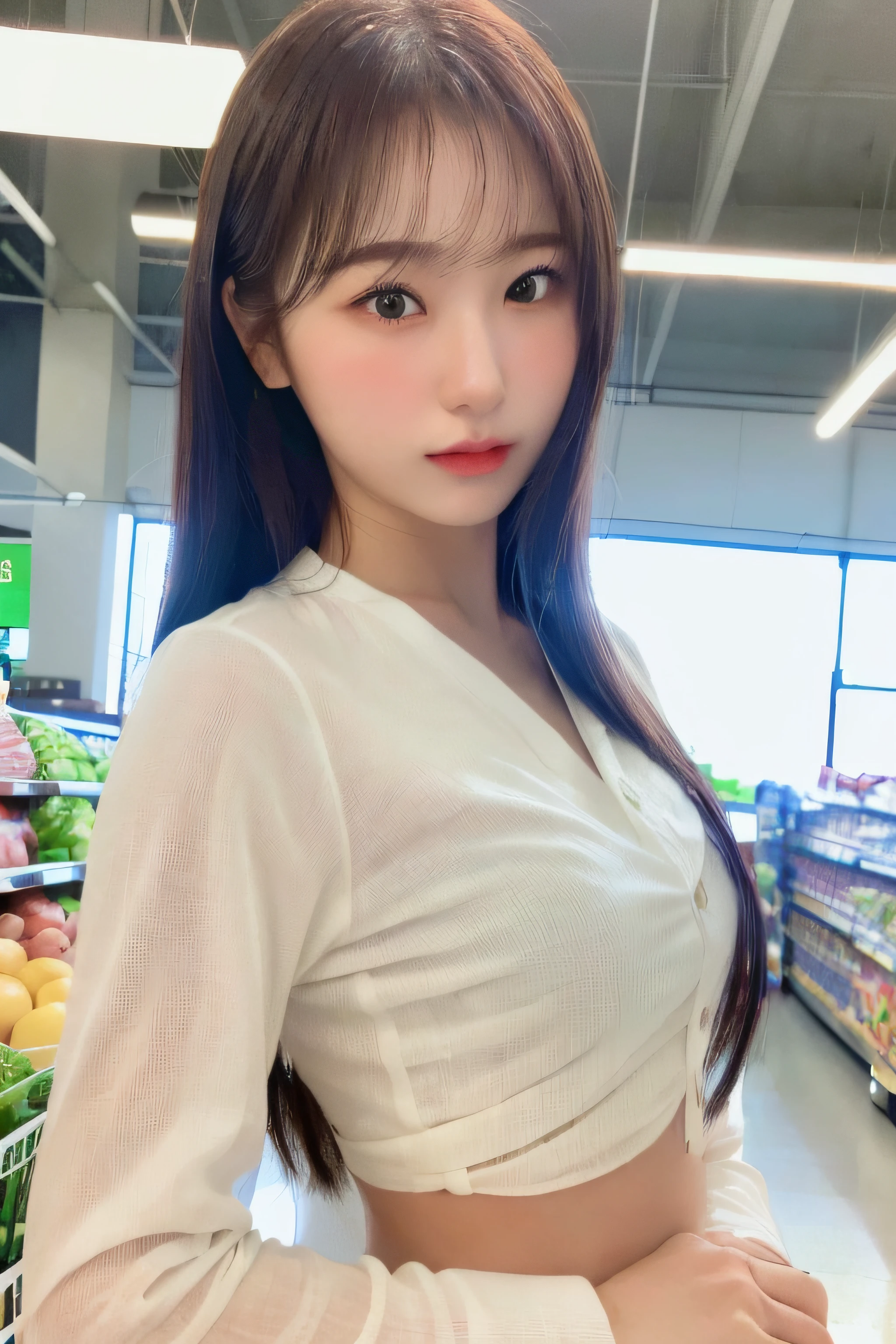 1girl, (at supermarket:1.2), ((white shirt:1.2)), RAW photo, (photorealistic:1.37, realistic), highly detailed CG unified 8K wallpapers, looking at viewer, (((straight from front))), (HQ skin:1.8, shiny skin), 8k uhd, dslr, soft lighting, high quality, film grain, Fujifilm XT3, ((upper body:1.6)), (professional lighting:1.6)