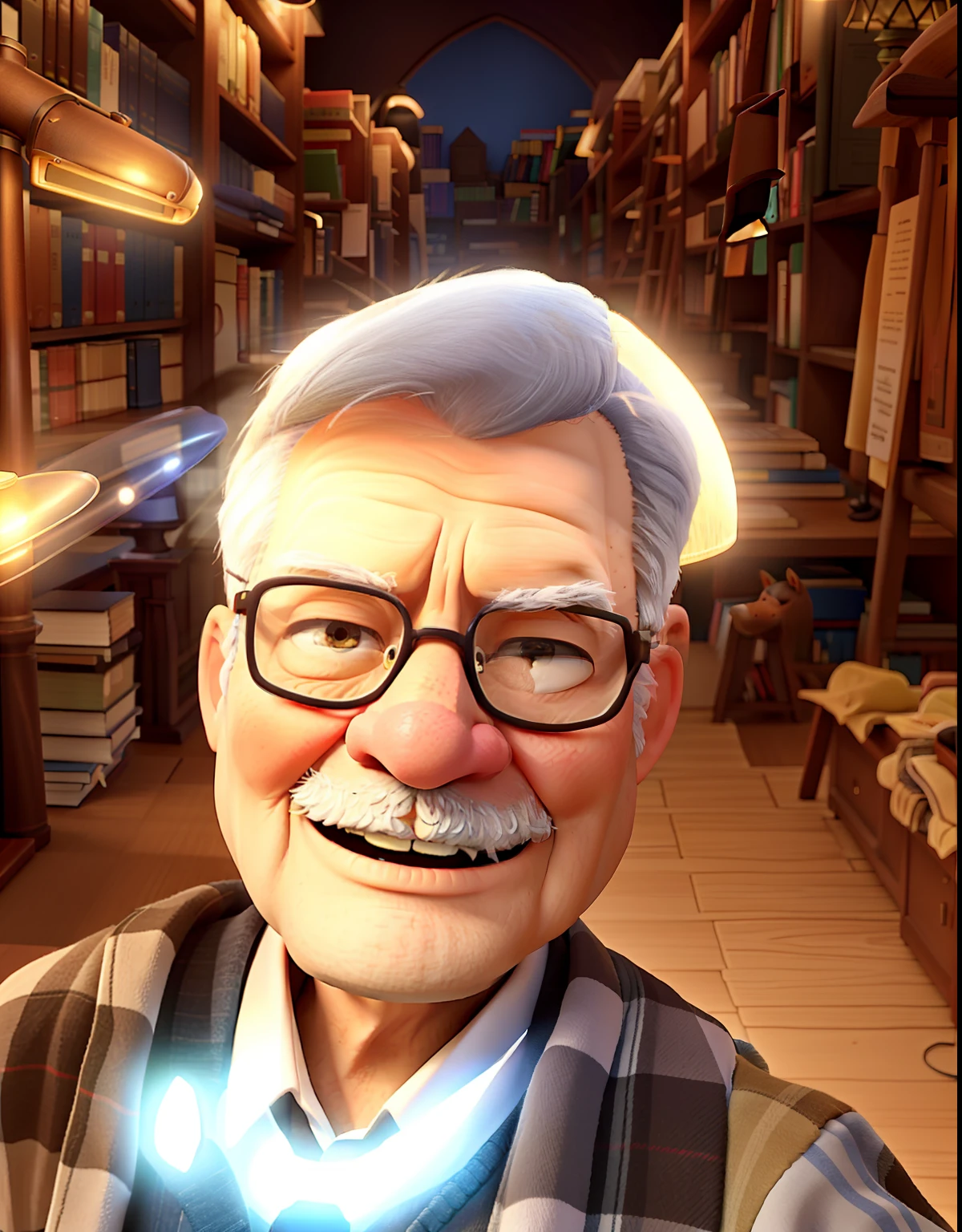 A wise old man standing in front, illuminated by the light of a lamp, against the backdrop of a library