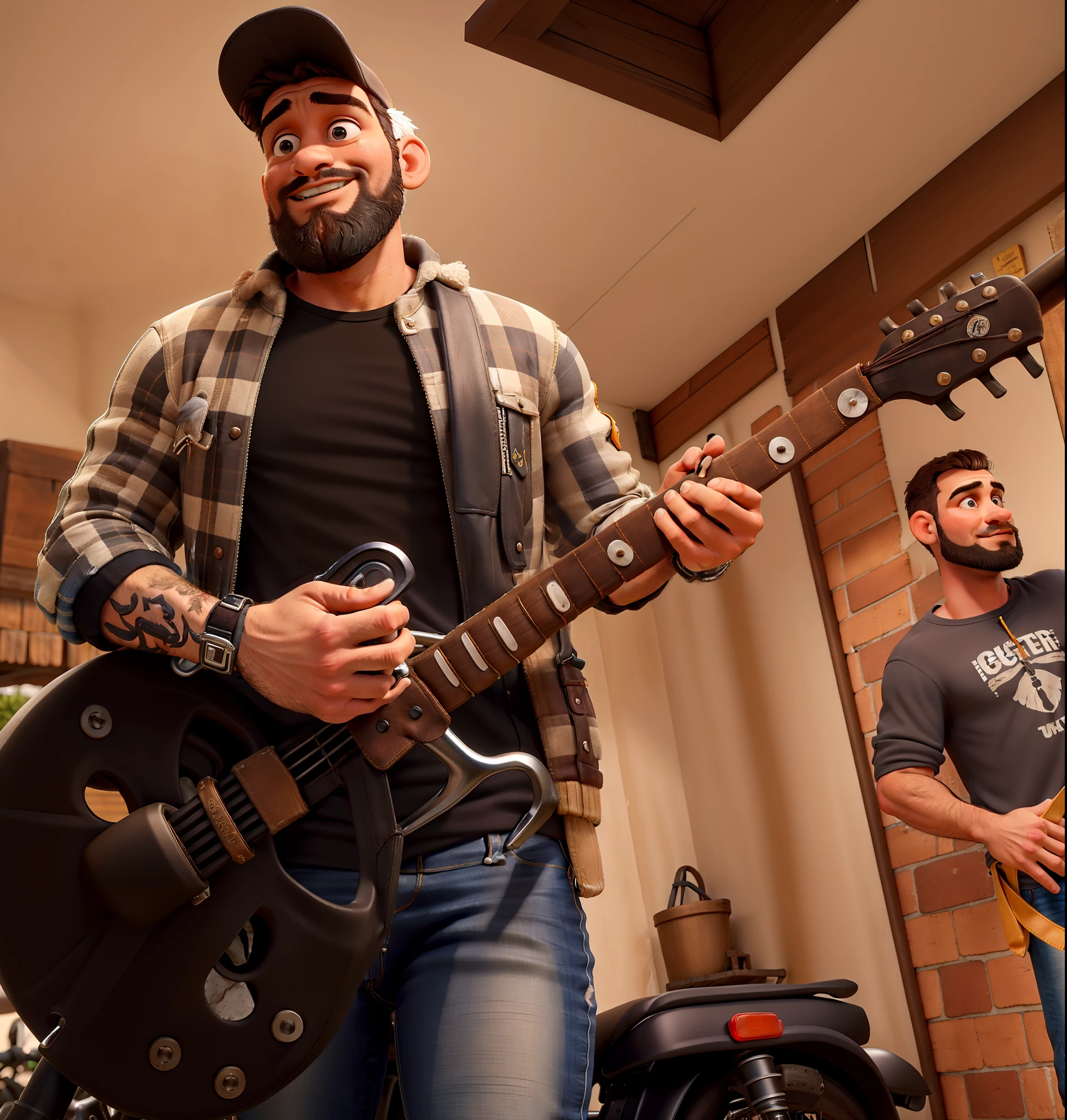master part, best quality, um velho com barba branca e longos cabelos castanhos, vestindo uma jaqueta de couro e jeans preto, ao lado de sua motocicleta