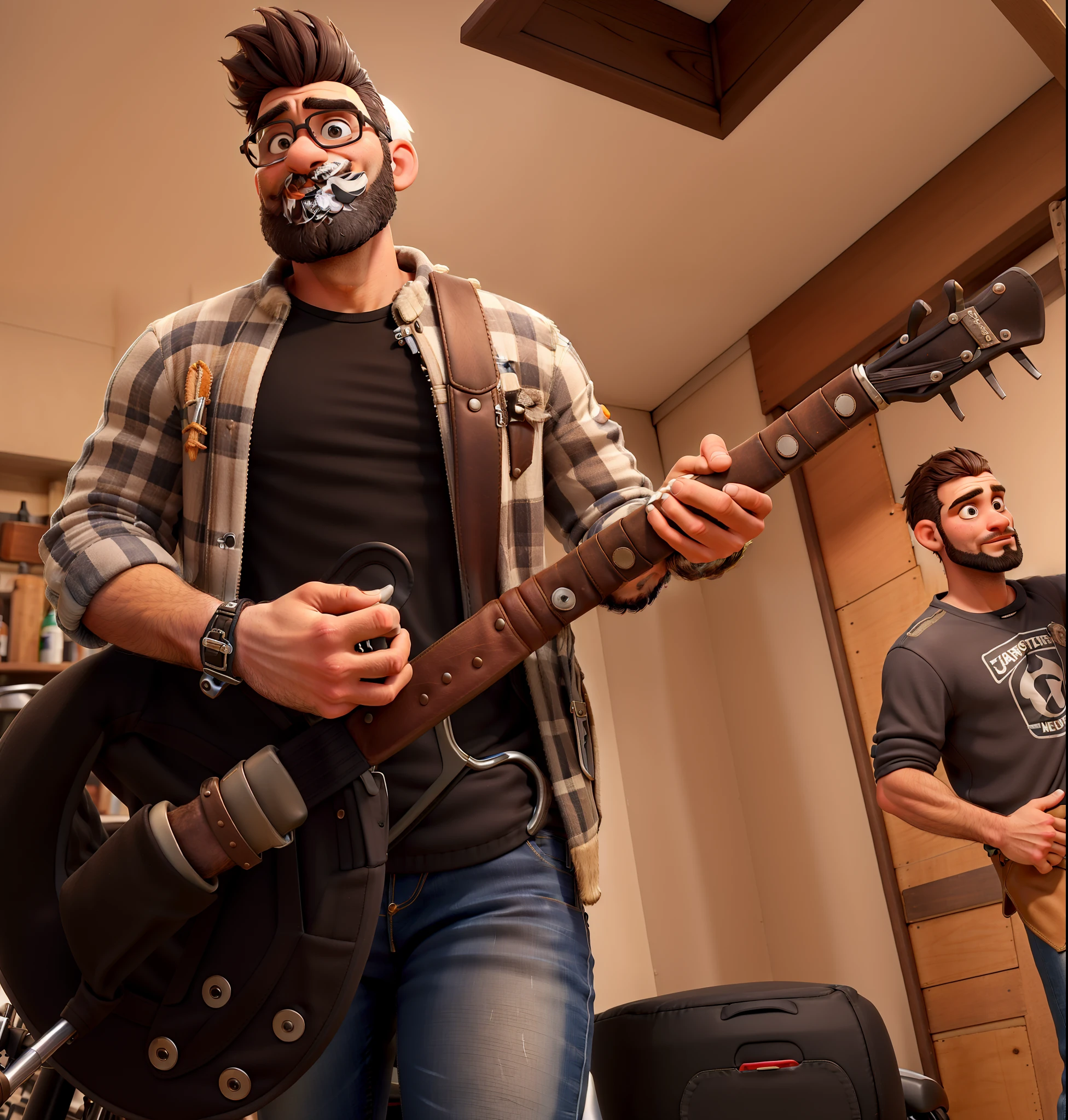 master part, best quality, um velho com barba branca e longos cabelos castanhos, vestindo uma jaqueta de couro e jeans preto, ao lado de sua motocicleta