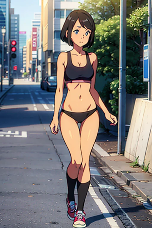 Masterpiece, best quality, high resolution, 1 woman, Karin , black skin , black hair , black tank top , black bikini , abdomen , big breasts, Long legs , Barefoot , Put your hands on your hips. , stand perfectly erect , alley , tall building