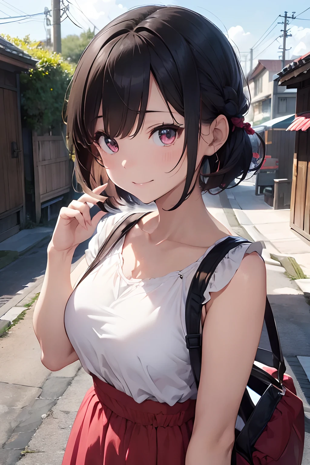 (((hight resolution)))、ultra-detailliert、(((masterpiece)))、Beautiful shadow expression、(((1femele)))、(((adult woman)))、She is my friend's wife、(((Hairstyle is short bob cut)))、I'm untying my hair、(((Adults)))、(((She is so beautiful)))、Smiling happily、The color of the hair on the head is light brown、Eye color is brown、Her eyes are sparkling、The shape of the eyes is slightly raised、She is Japan、Romper、huge smile, Clothes are pink and red、I'm wearing travel clothes、(((I'm sweating)))、Sunglasses are hung on the chest、I'm concerned about people's eyes、Romper、I'm in love with me even though I'm a married woman、It's a secret relationship、My cheeks turn red as I imagine the fun I'll have tonight、Romper、I'm coming for a hot spring trip、It is in front of the inn、Romper、The time is noon、The sky is a beautiful blue sky、There are white clouds、The season is summer、It's hot、It's dazzling、