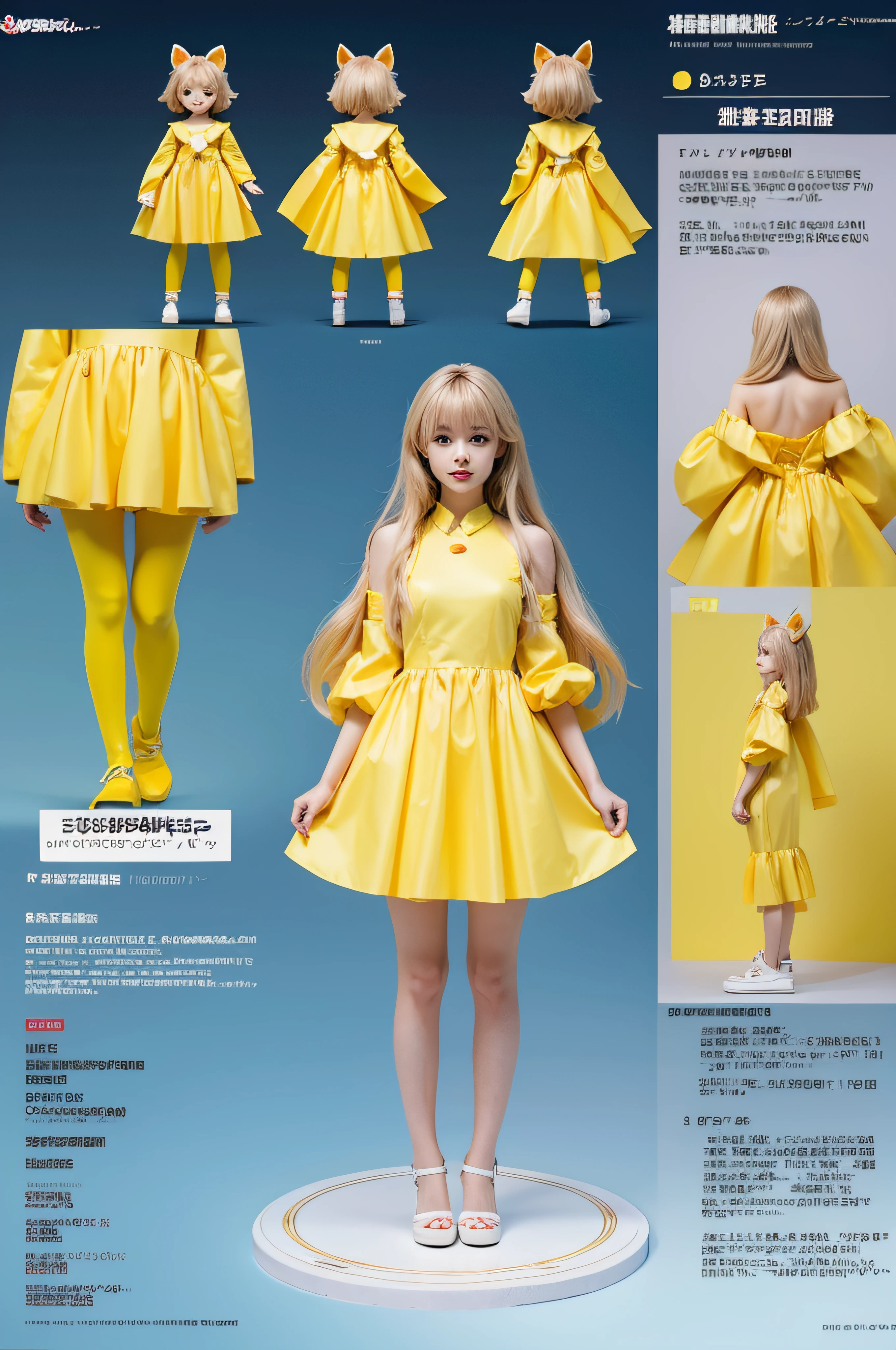 The facial features are consistent，cartoony，Childlike， Three View ，Masterpiece), Best quality, Ultra-detailed, illustration,A magazine，There are a bunch of different items on it, high quality character design, design sheet, 3 d character reference sheet, Humanoid yellow female cute girl, toy design, Game character design, anime character reference sheet, anime styled 3d, hori + concept-art, [ Character design ], CharacterDesignSheet, chiho aoshima color scheme, High quality model table Bubble Matt， An anime cover， Exquisite figures